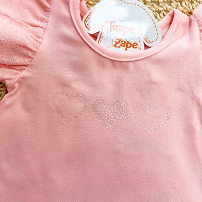 Conj. Blusa Corações com Manga em Tule e Short - Rose 